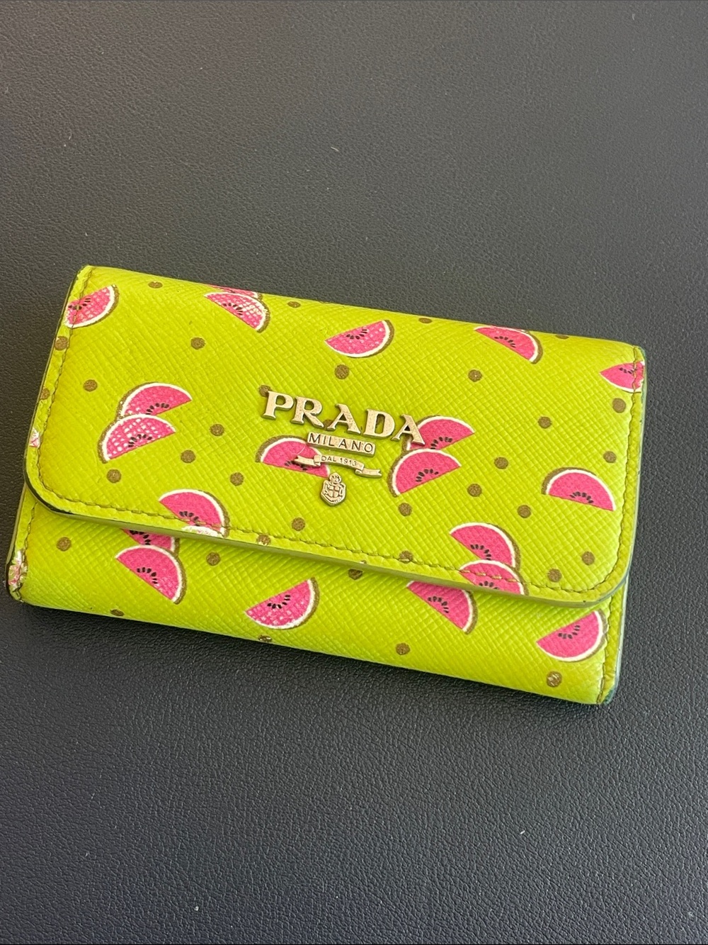 Prada Lime Green key holder Wallet with Pink Watermelon Print